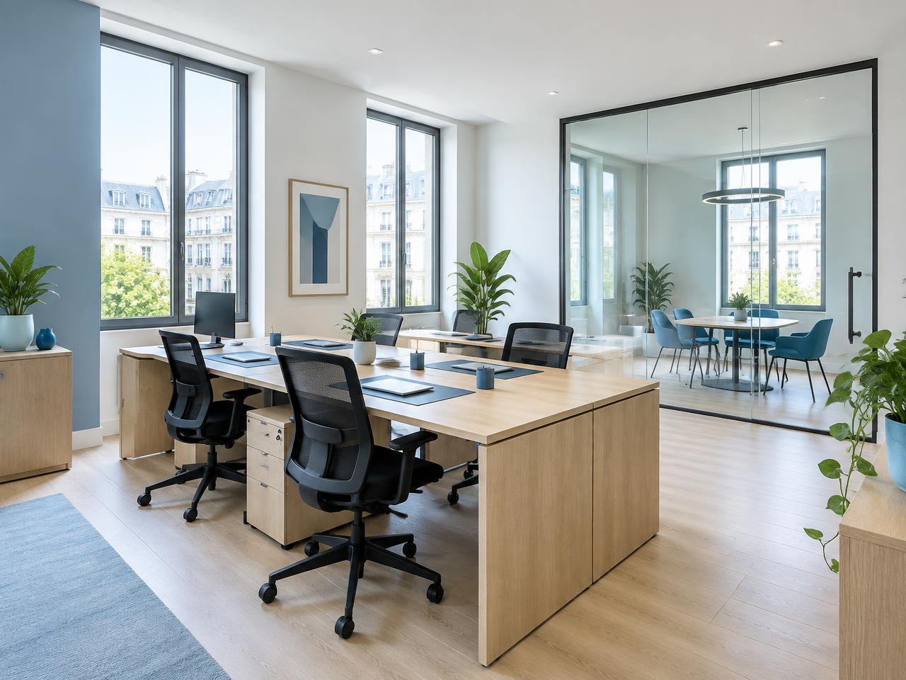 Birou modern și ordonat, cu mese și spații comune luminoase